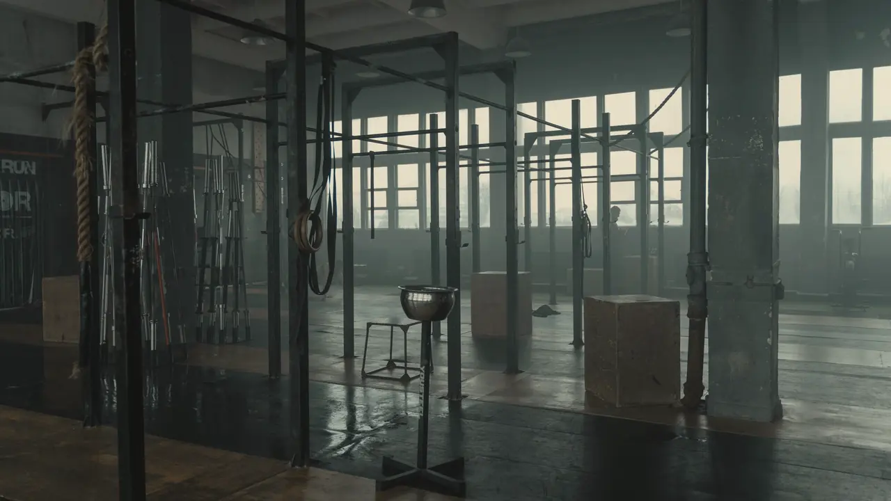 Une salle de sport avec ses rigs, dans la pénombre